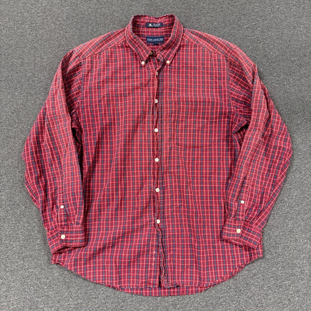 Vintage John Ashford Plaid Button Down Mens Large Red Good Long Sleeve Cotton